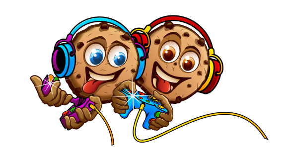 Kevin and friend, the Cookie Gamer characters playing video games