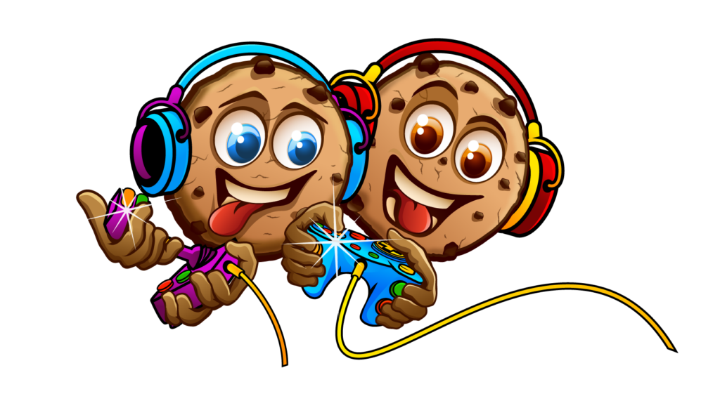 Two smiling Cookie Gamer cookie mascots wearing colorful gaming headsets